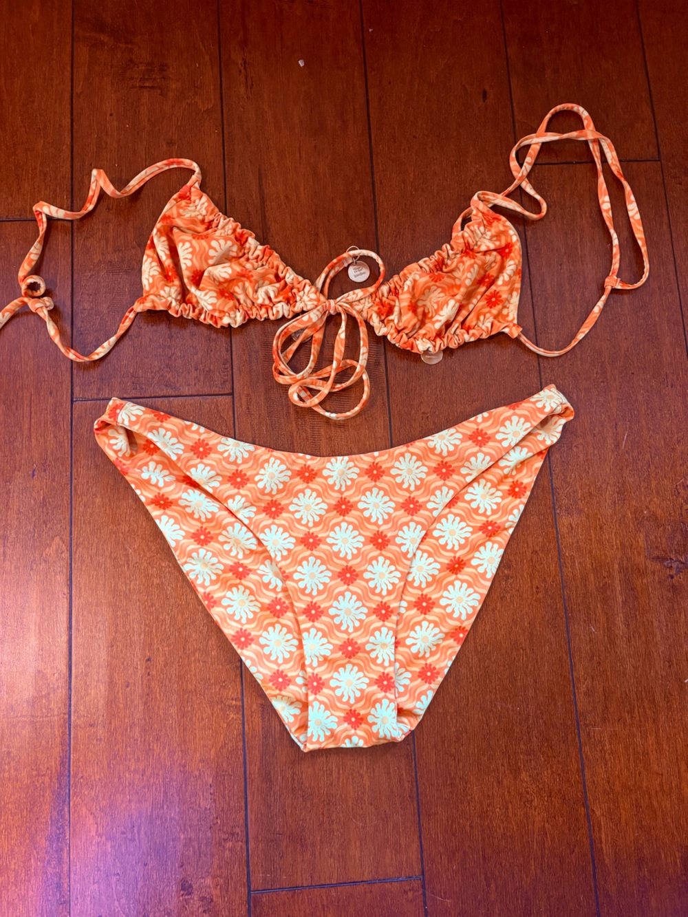 Kulani Kinis Orange Floral two piece Swimsuit - Ruffled Triangle Style